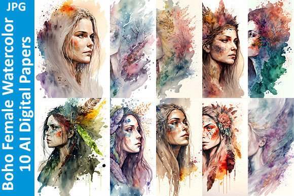 Boho Female Watercolor - 10 AI Papers