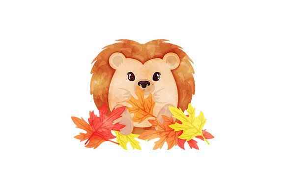 Hedgehog Playing with Autumn Leaves: Fall Watercolor