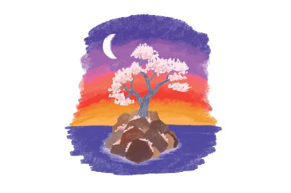 Japanese Spring with Moon Watercolor for Modern Branding