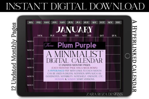 Purple Digital Monthly Calendar Planner for Print Templates Projects