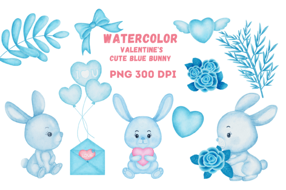 Watercolor Valentine's Day Cute Bunny for Crafts & Digital Selling
